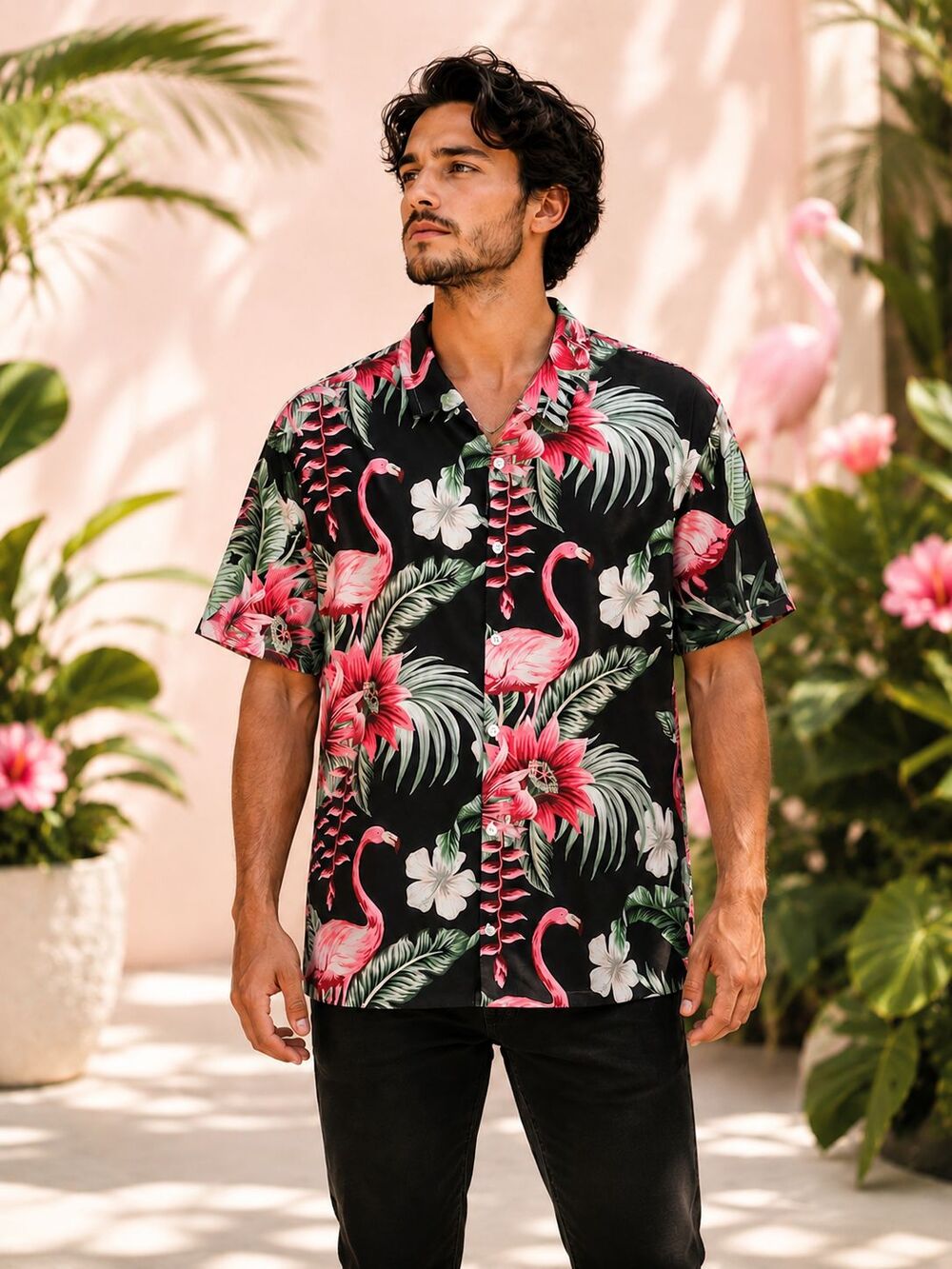 Hoooyi Mens XL Hawaiian Shirt Pink Flamingo Tropical Floral Black Short Sleeve